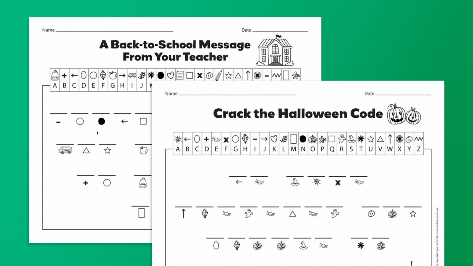 GIF of different flat lays of secret code worksheets