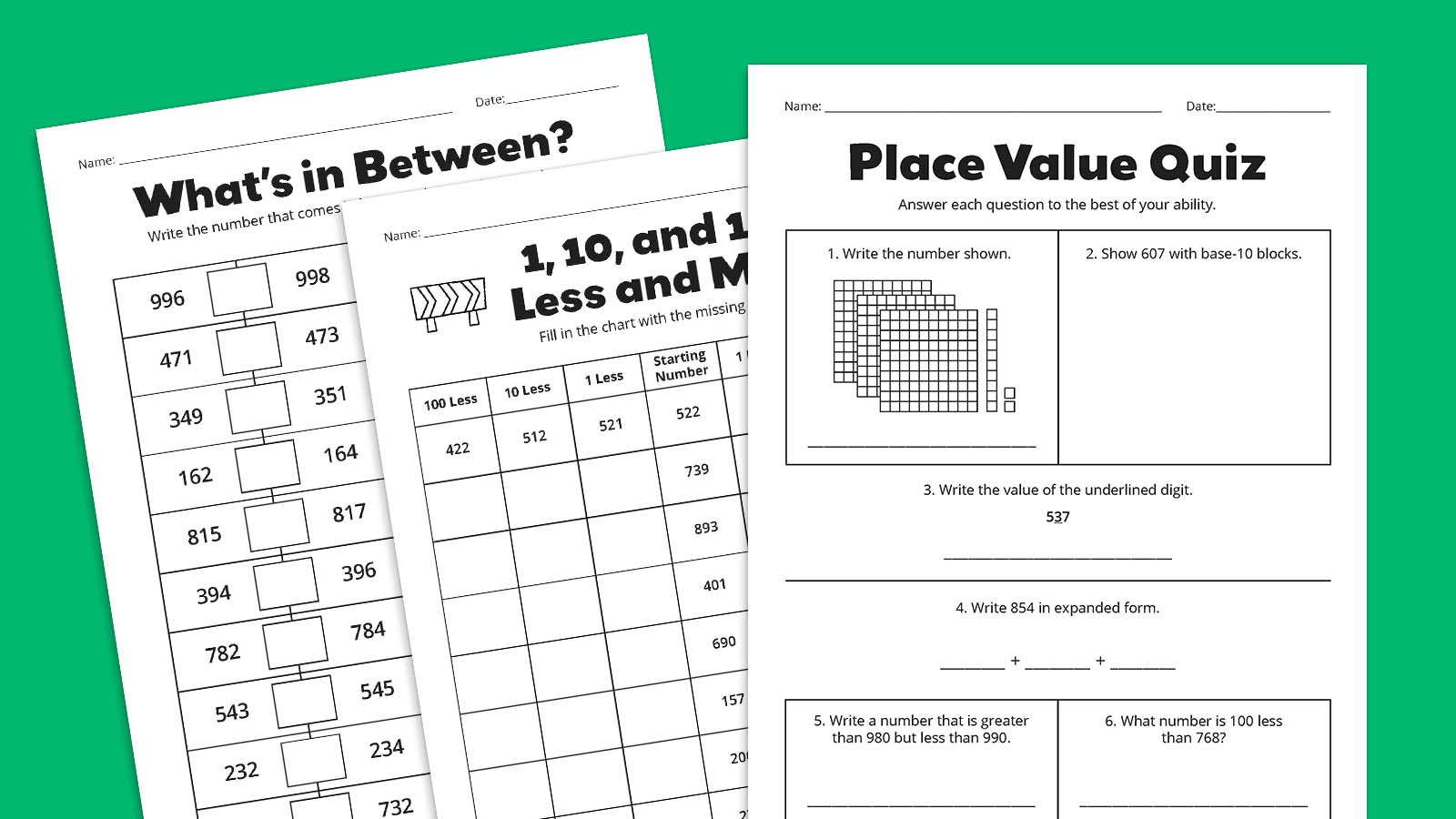 Flat lays of place value worksheets