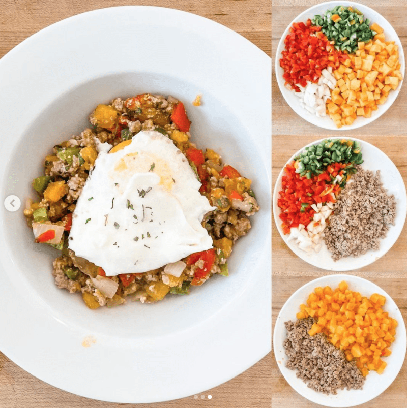 Four bowls showing various protein and veggie dishes used for healthy teacher lunches