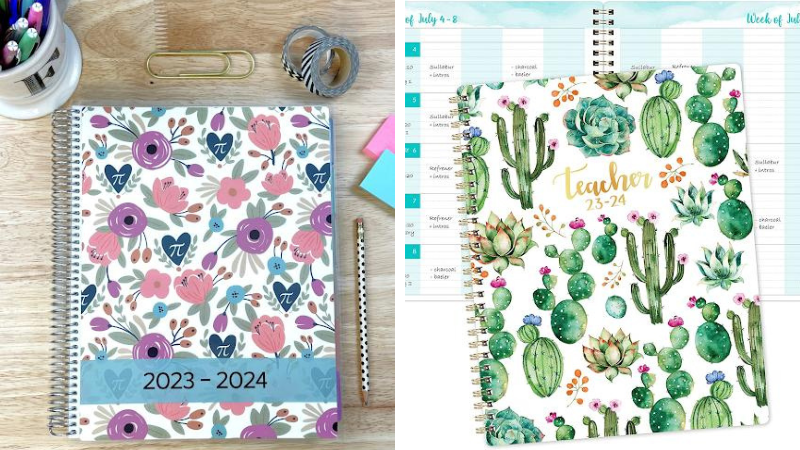 Cacti teacher planner on desk and Floral teacher planner on desk.