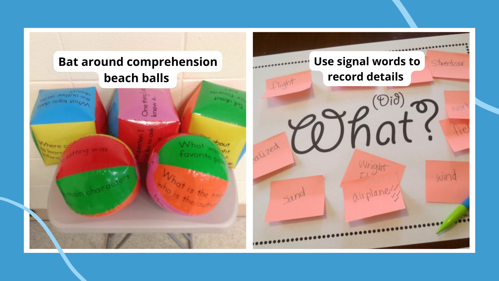 Third grade reading comprehension activities like using posting and beach balls.